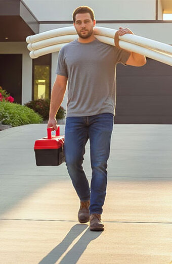 Plumber Carrying Pipes Toolbox
