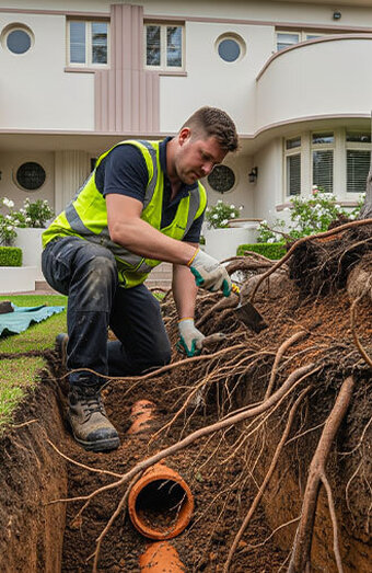 Plumber Digging Pipe Roots